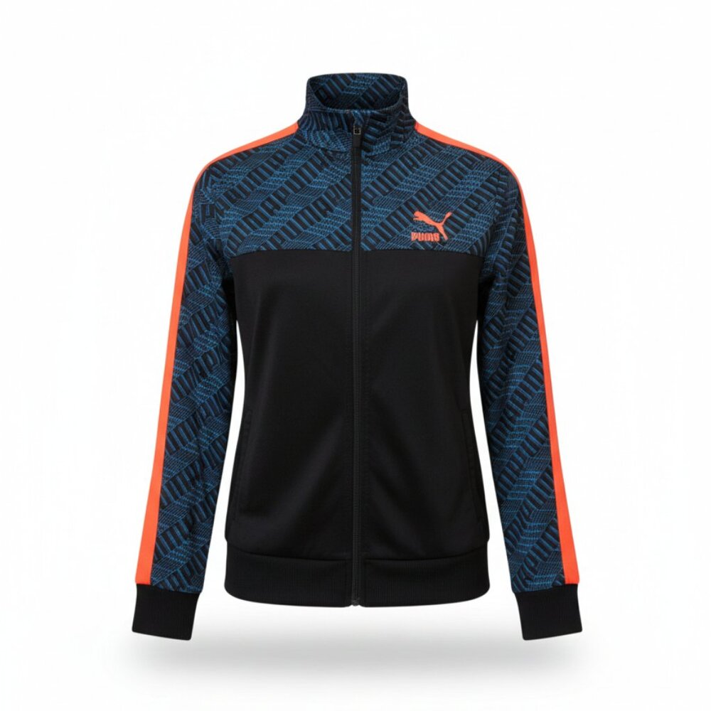 PUMA Kids Track Jacket Size Large 14-16 Black Teal Orange Logo Pattern Full Zip